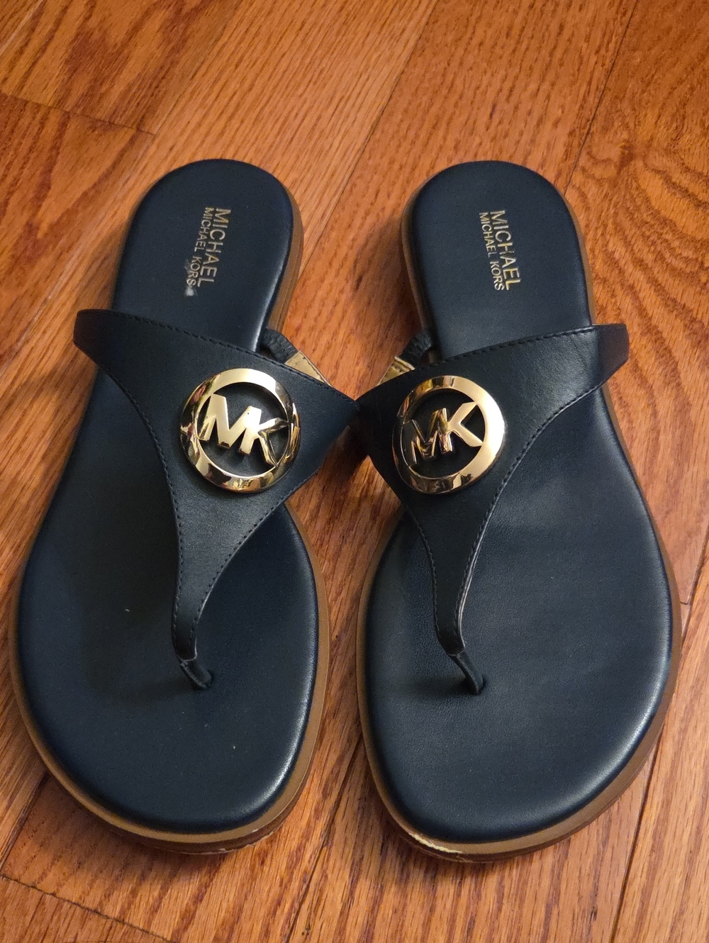 Michael Kors Black Leather Thong Sandals with Gold MK Medallion